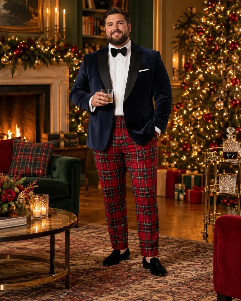 Navy Velvet Blazer With Red Plaid Trousers