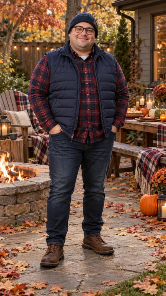Navy Vests and Bold Plaid for Backyard Gatherings