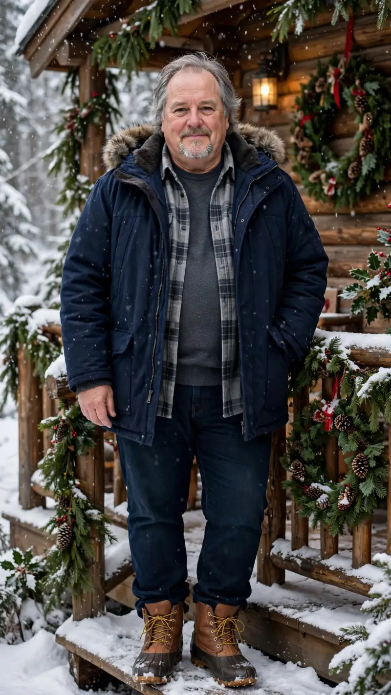 Navy Winter Parka with Plaid Flannel Shirt and Duck Boots