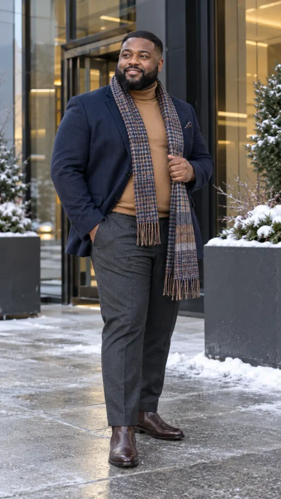 Navy Wool Blazer and Camel Turtleneck