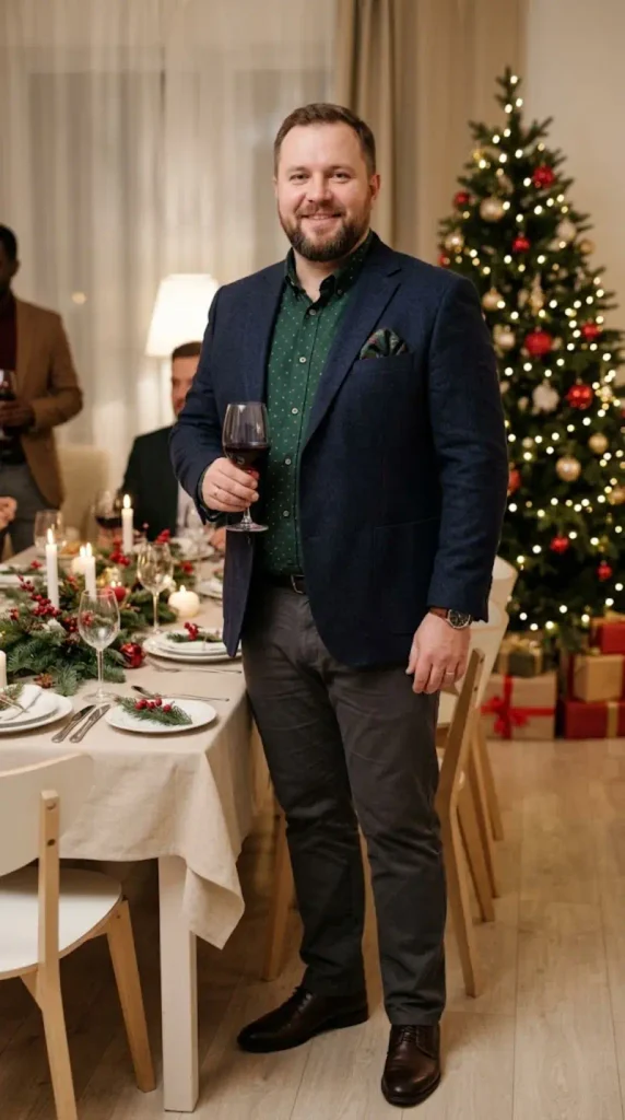 Navy Wool Blazer and Patterned Green Shirt