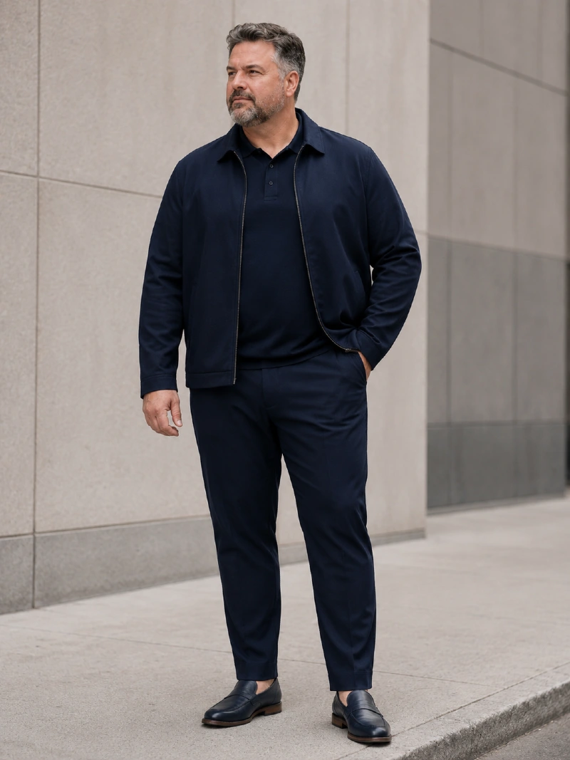Navy Zip Jacket, Polo Shirt, and Trousers