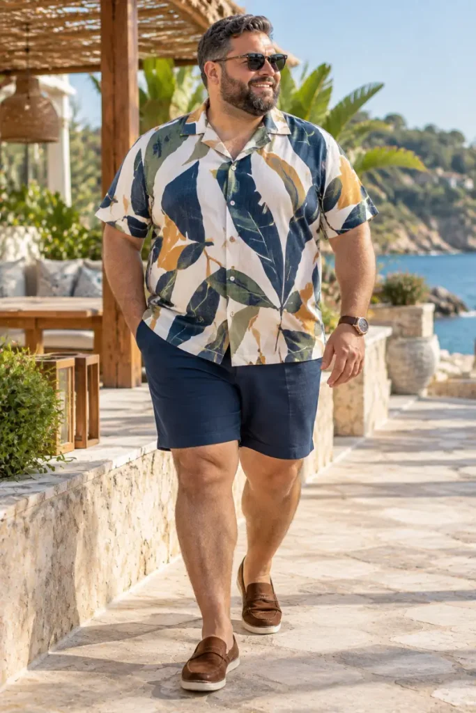 Navy and Gold Abstract Leaf Shirt with Navy Shorts