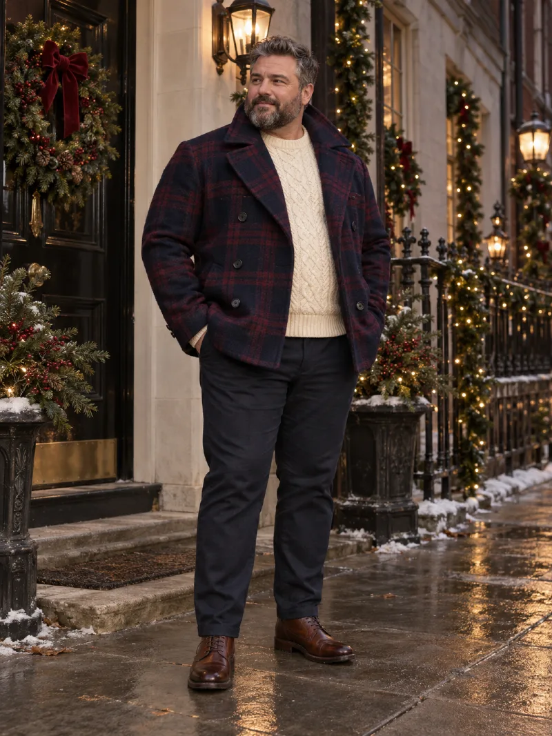 Navy and Red Plaid Peacoat with Cream Cable-Knit Sweater