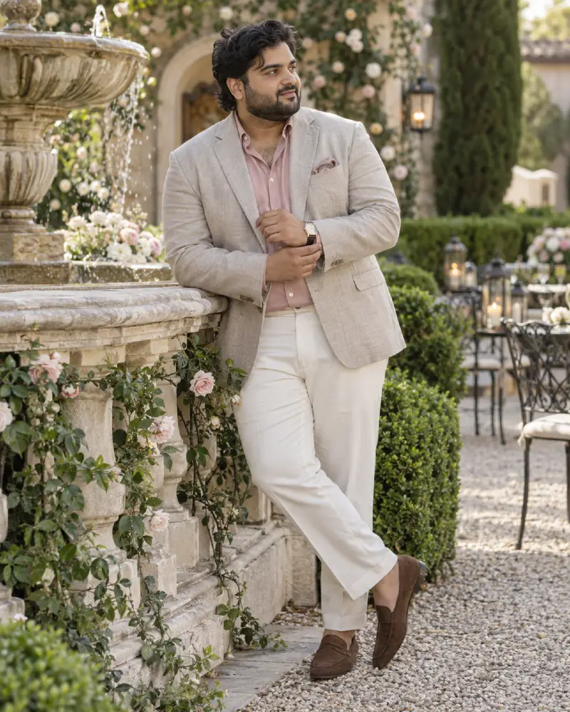 Oatmeal Linen Blazer With Dusty Rose Shirt