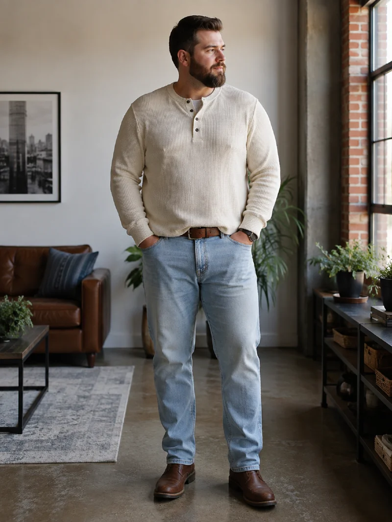 Off-White Long-Sleeve Henley and Light Wash Jeans