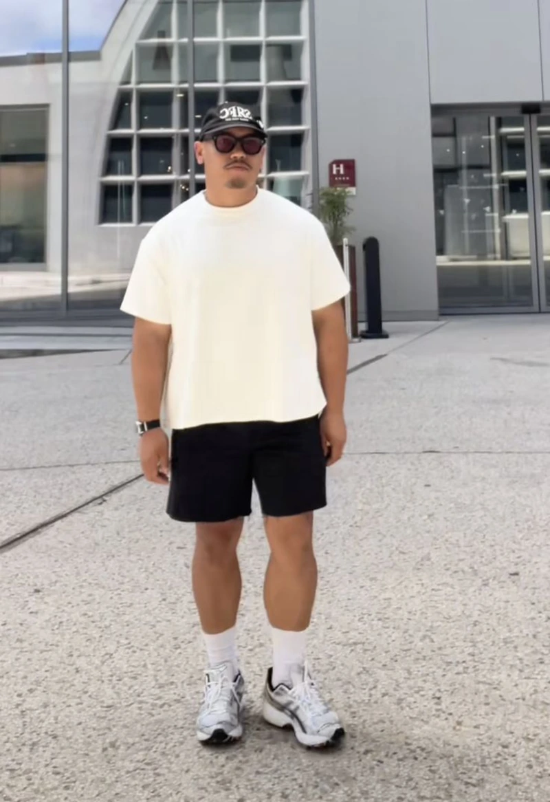 Off-White T-Shirt and Black Shorts