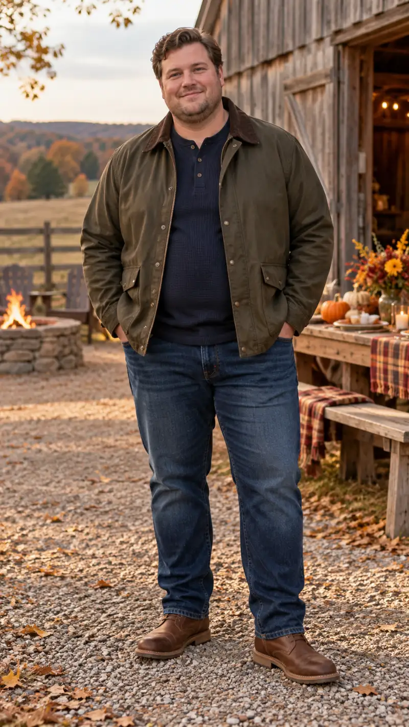 Olive Barn Jacket, Navy Waffle Henley, Medium Wash Jeans, and Brown Leather Boots