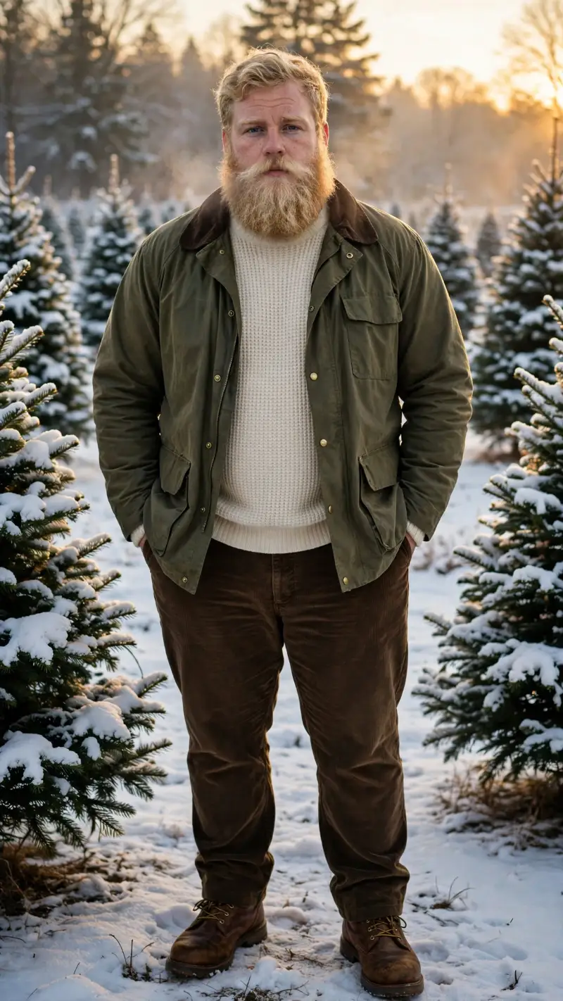 Olive Barn Jacket with Cream Waffle Knit Sweater and Brown Corduroy Trousers
