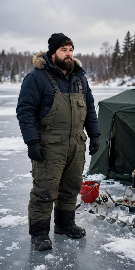 Olive Bibs Secured Over a Plush Navy Puffer