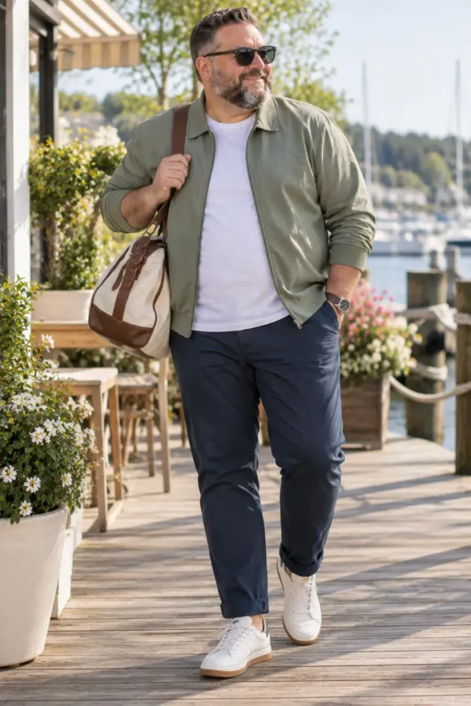 Olive Bomber Jacket And Navy Trousers For Waterfront Spring Walks