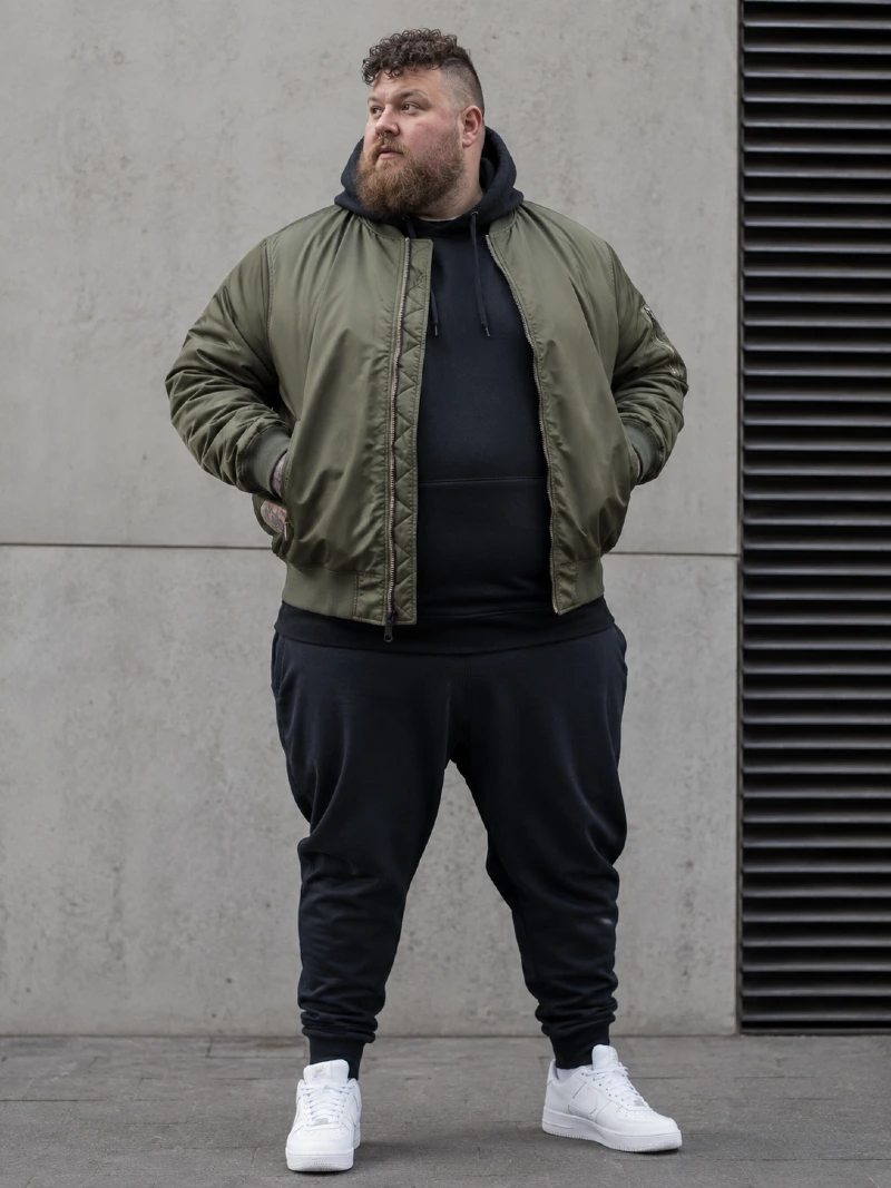 Olive Bomber Jacket, Black Hoodie, and Jogger Sweatpants