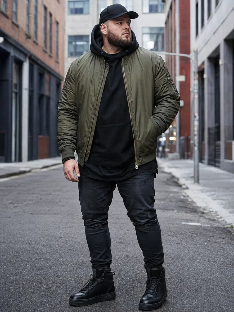 Olive Bomber Jacket, Pullover Hoodie, and Slim Jeans