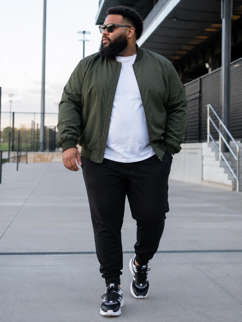Olive Bomber Jacket, White T-Shirt, and Black Joggers