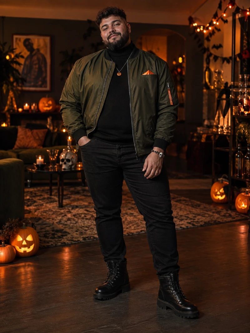 Olive Bomber Jacket With Black Turtleneck and Boots