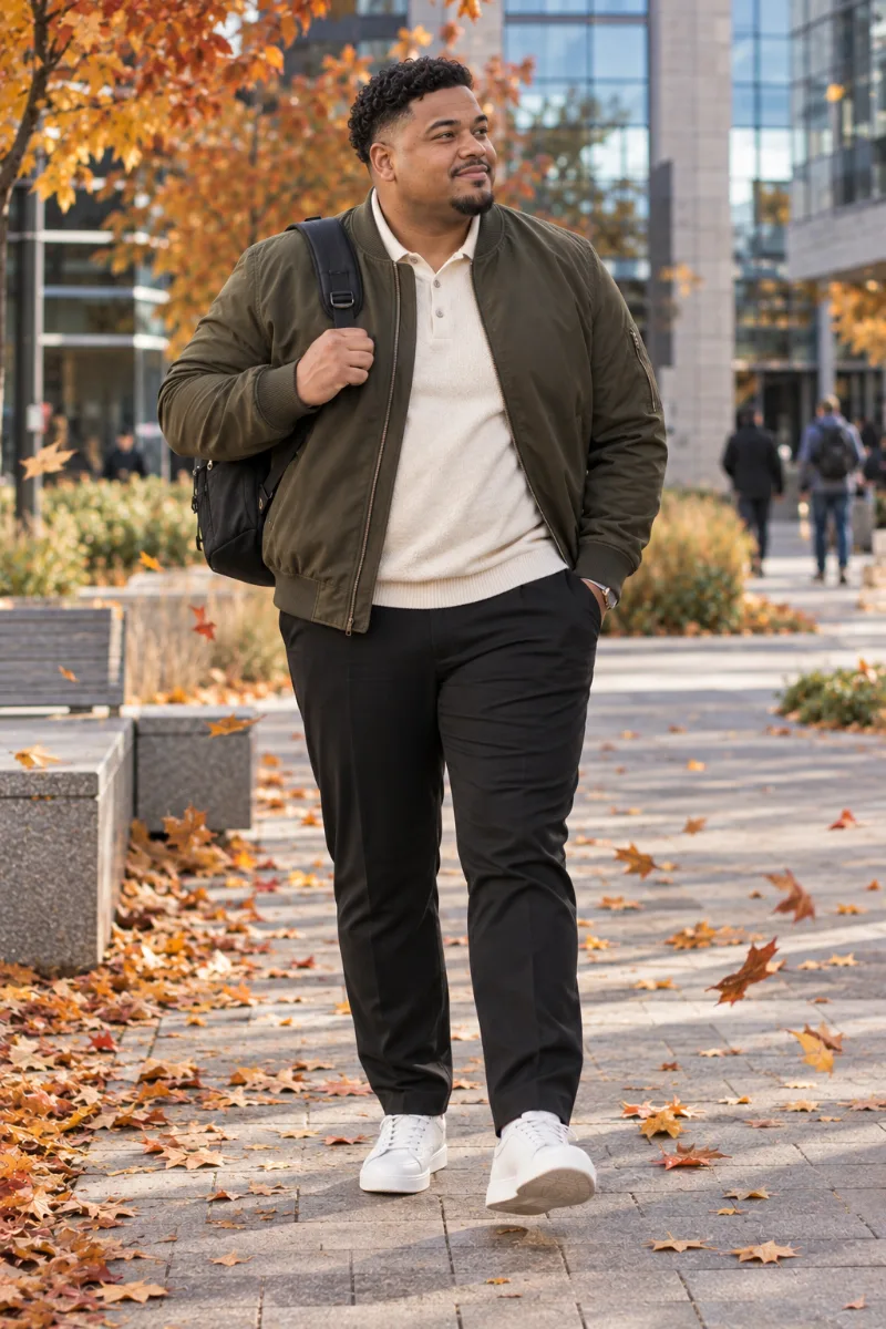 Olive Bomber Jacket With Cream Polo and Black Trousers