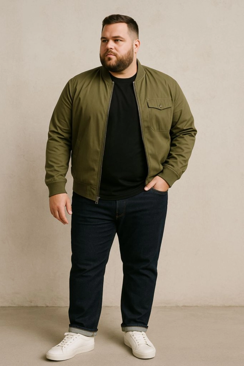 Olive Bomber Jacket With Dark Jeans