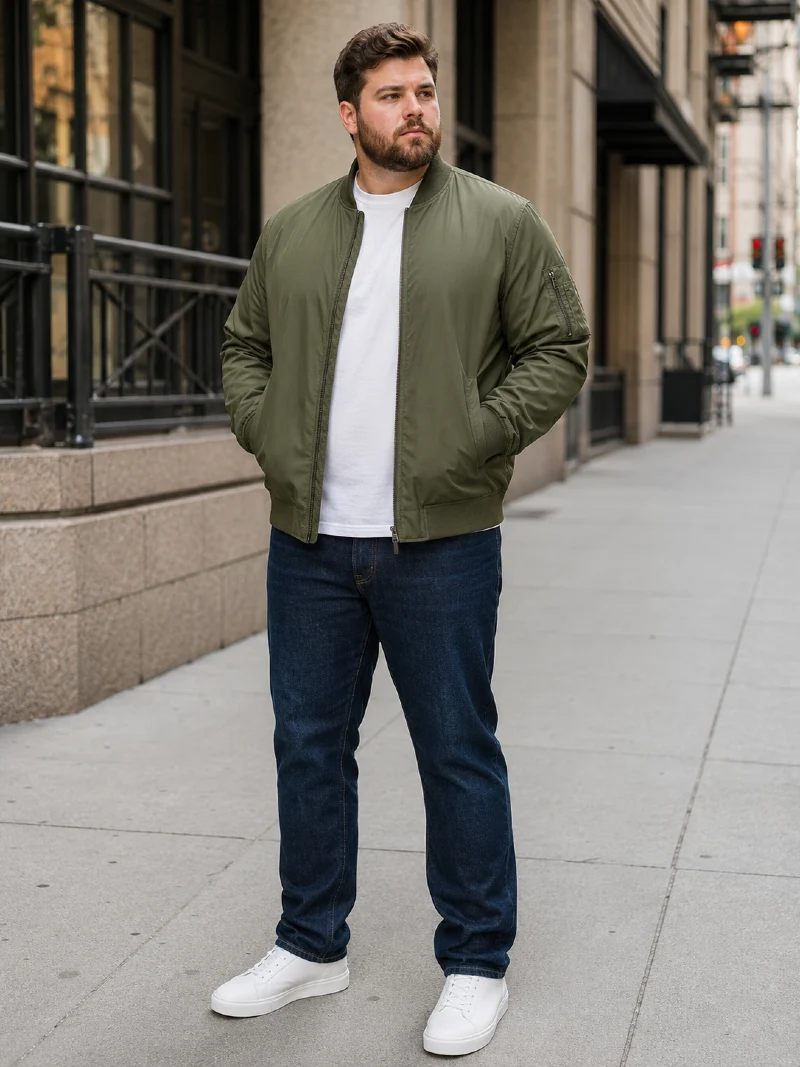 Olive Bomber Jacket and Jeans