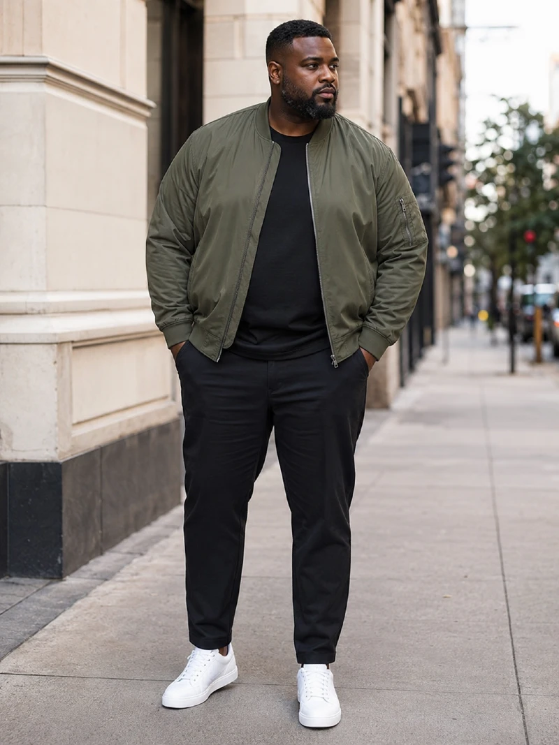Olive Bomber Jacket with Black T-Shirt and Trousers