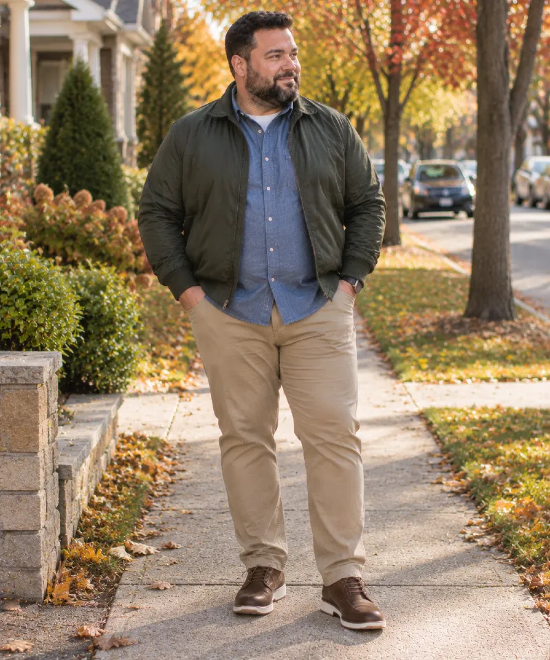 Olive Bomber Jacket with Blue Button-Up Shirt, Beige Pants
