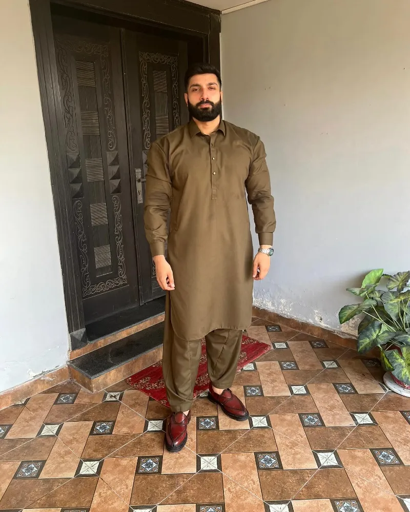 Olive Brown Shalwar Kameez with Peshawari Chappals
