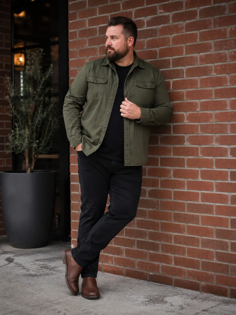 Olive Button-Down Overshirt and Black Jeans