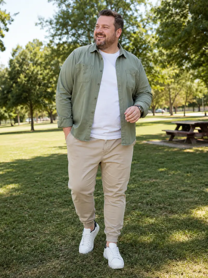Olive Button-Down Shirt and Tan Joggers