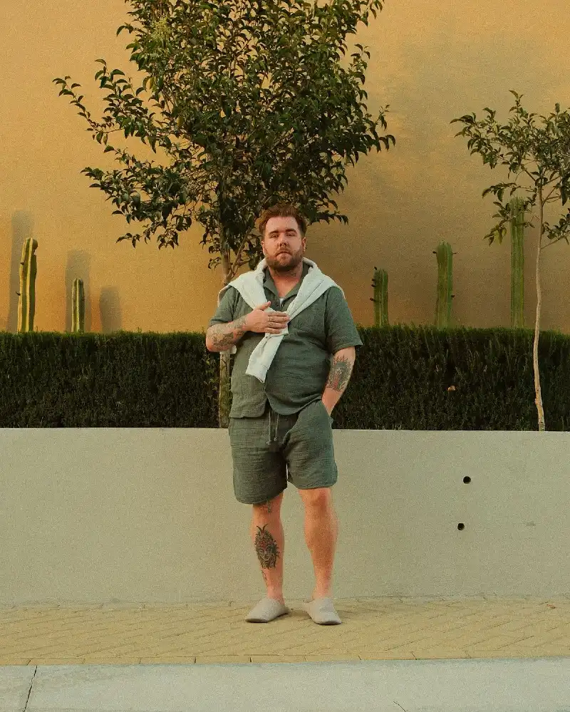 Olive Button-Up Shirt, Olive Shorts, and Light Grey Sweater