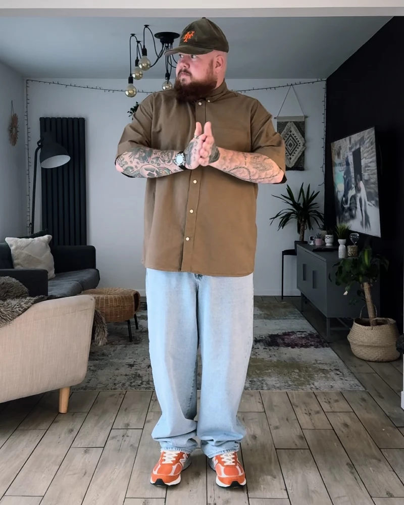Olive Button-Up with Baggy Light Jeans