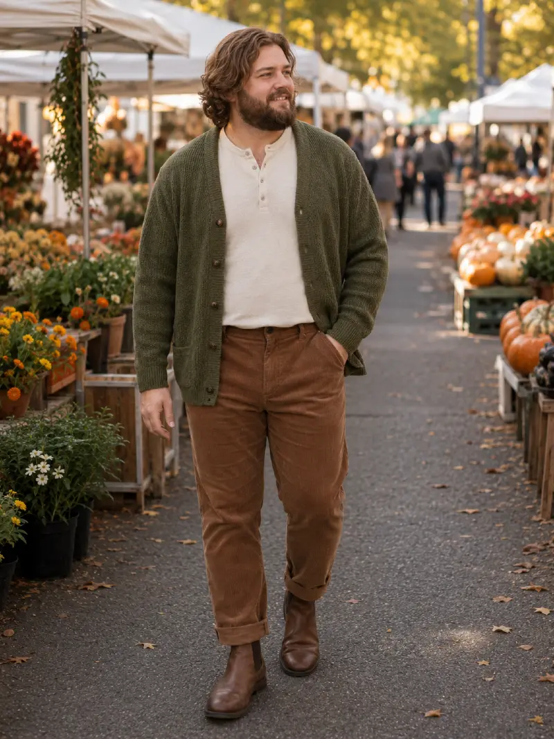Olive Cardigan, Cream Henley, and Brown Corduroy Trousers Outfit