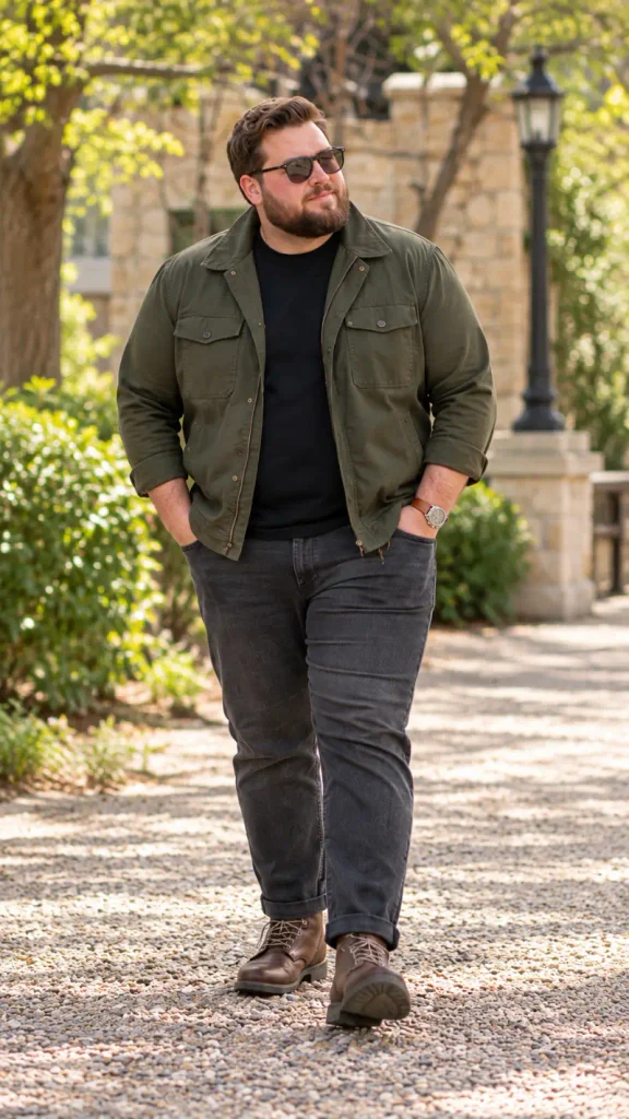 Olive Chore Coat Over Dark Charcoal