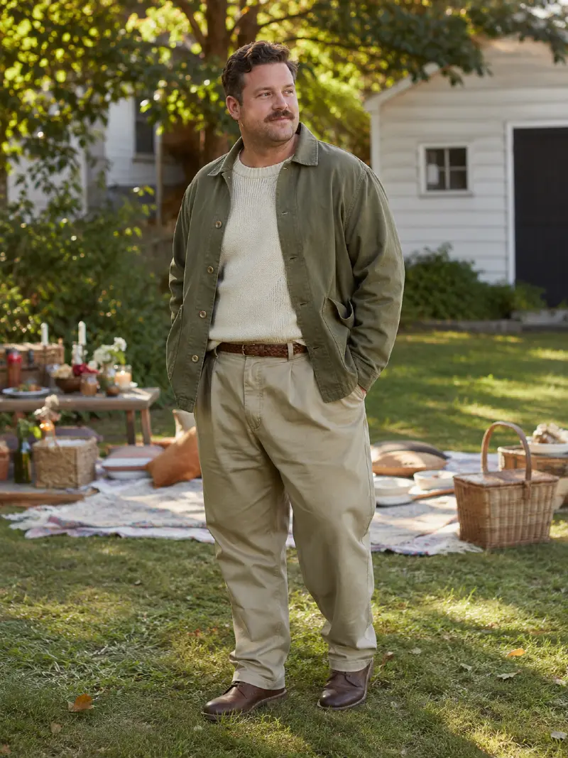 Olive Chore Jacket, Knit Sweater, and Khaki Trousers Outfit