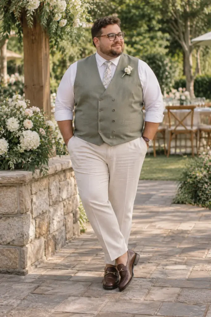 Olive Double Breasted Waistcoat With Rolled Sleeves