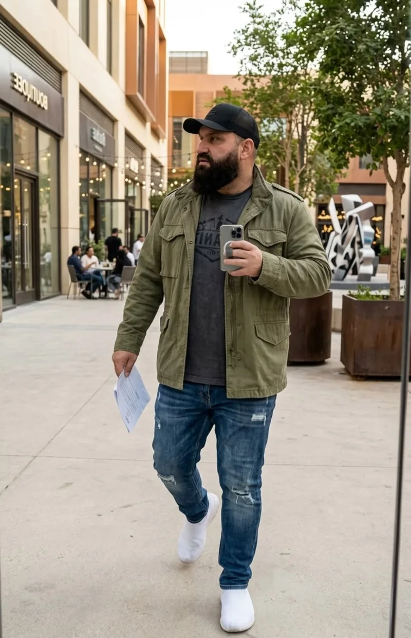 Olive Field Jacket, Graphic T-Shirt, Distressed Jeans, and Black Cap