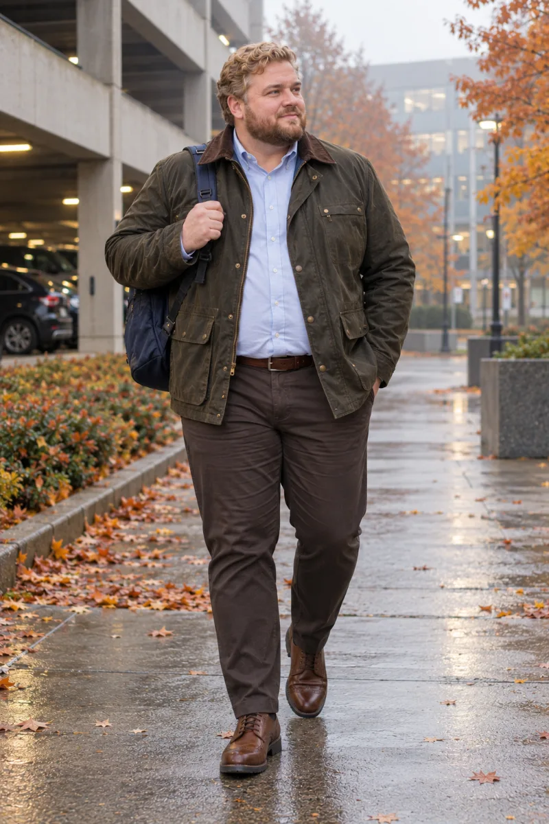 Olive Field Jacket With Blue Shirt and Brown Trousers