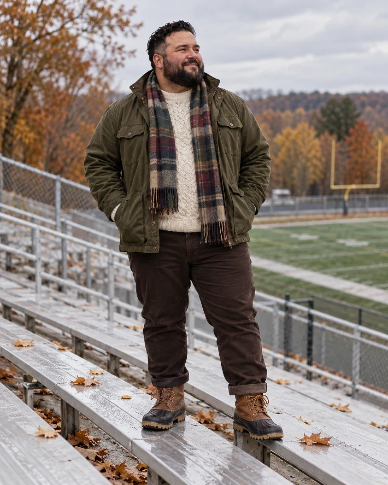 Olive Field Jacket and Plaid Scarf for Cold Bleacher Seating