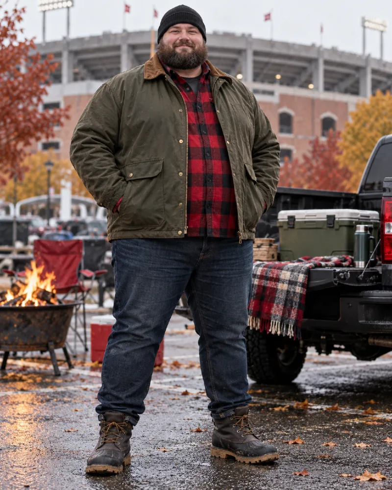 Olive Field Jacket and Red Plaid Shirt for a Football Tailgate