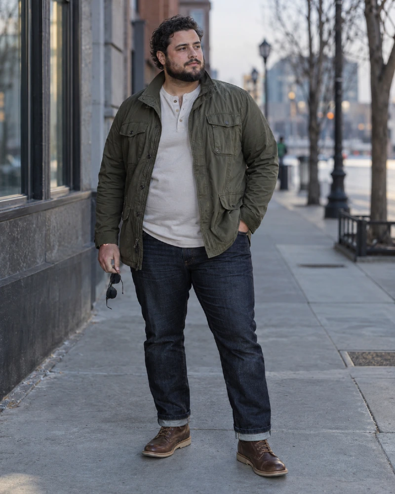 Olive Field Jacket with Cream Henley, Dark Jeans, and Brown Boots