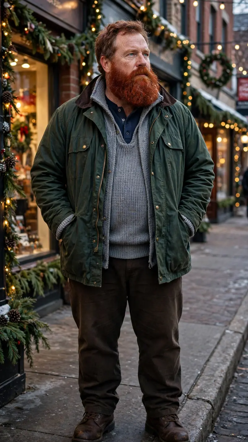 Olive Field Jacket with Grey Knit Sweater and Brown Work Pants