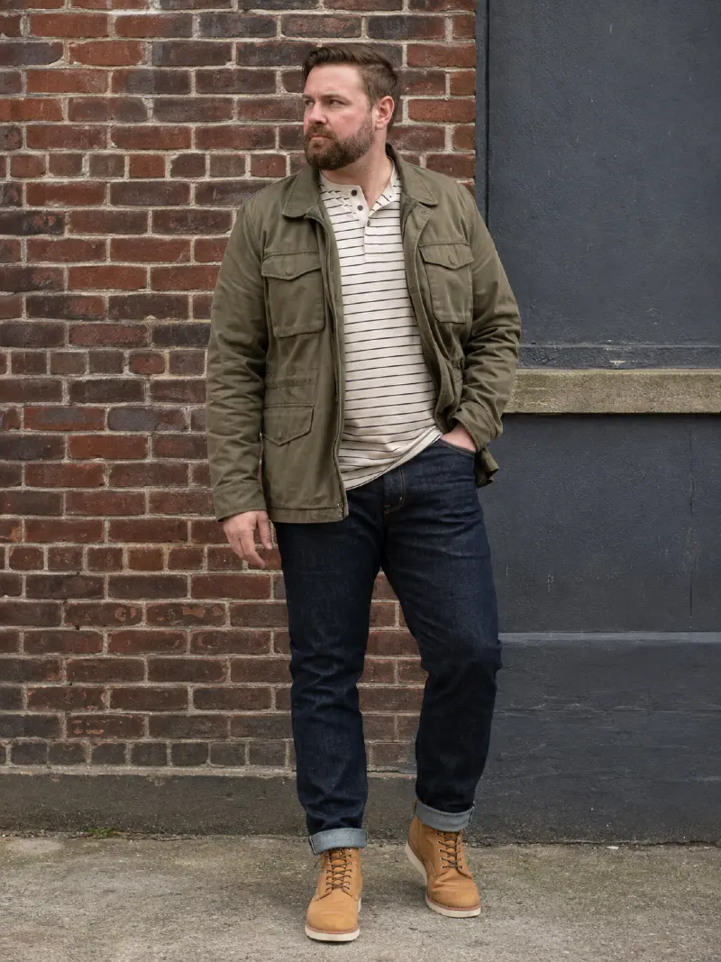 Olive Field Jacket with Striped Henley and Dark Jeans