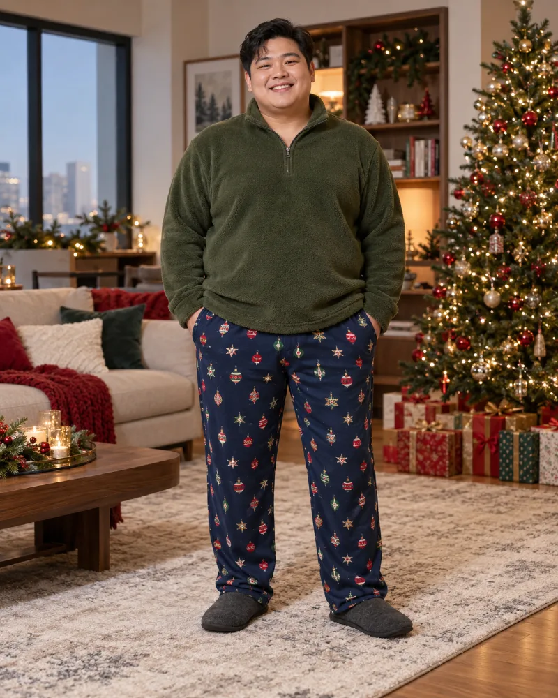 Olive Fleece Quarter-Zip With Ornament Print Pajama Pants