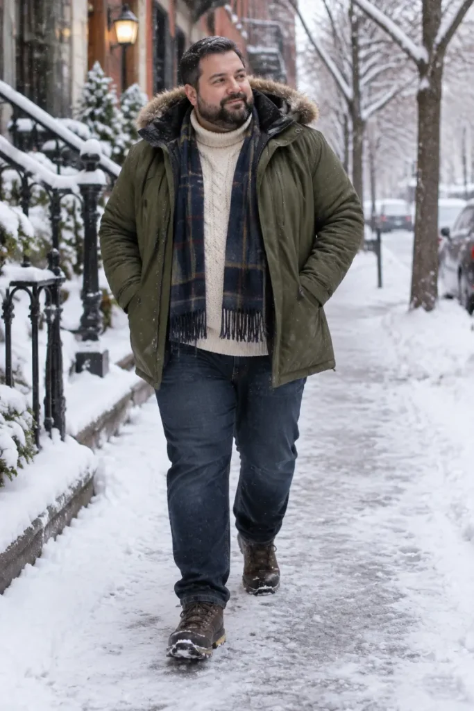 Olive Fur Trim Parka and Chunky Cable Knit
