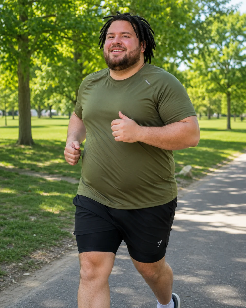 Olive Green Active T-Shirt and Black 2-in-1 Running Shorts