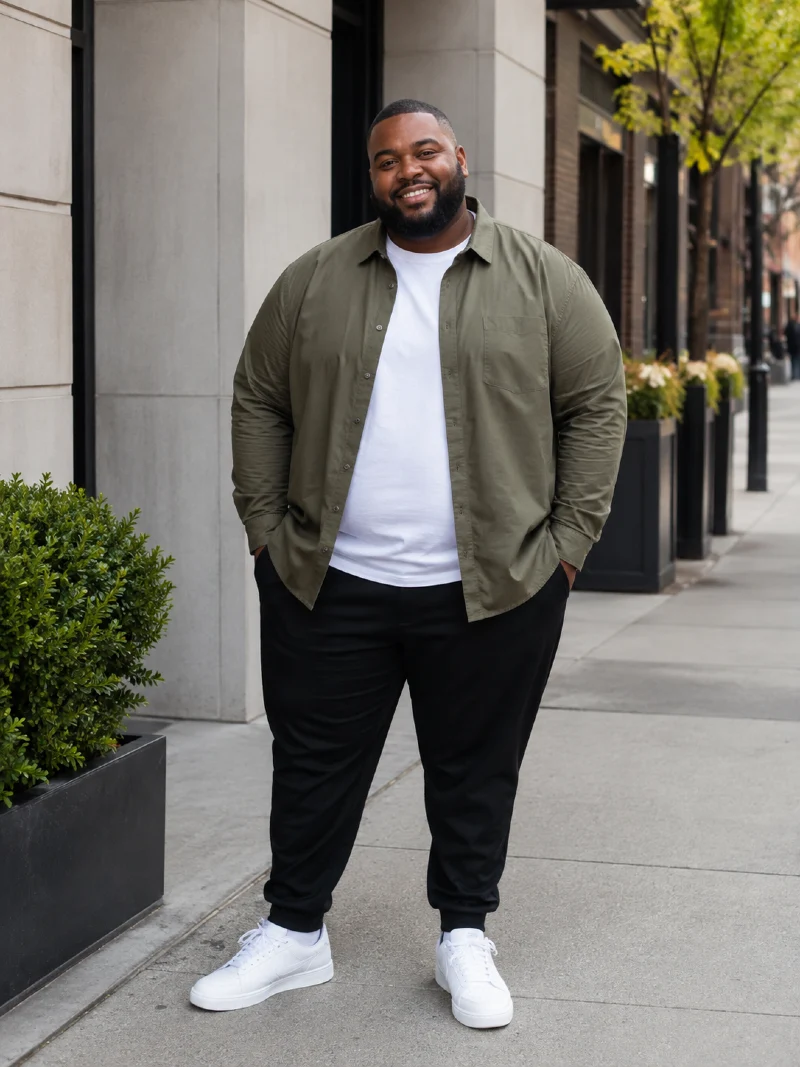 Olive Green Button-Down Shirt and Black Joggers