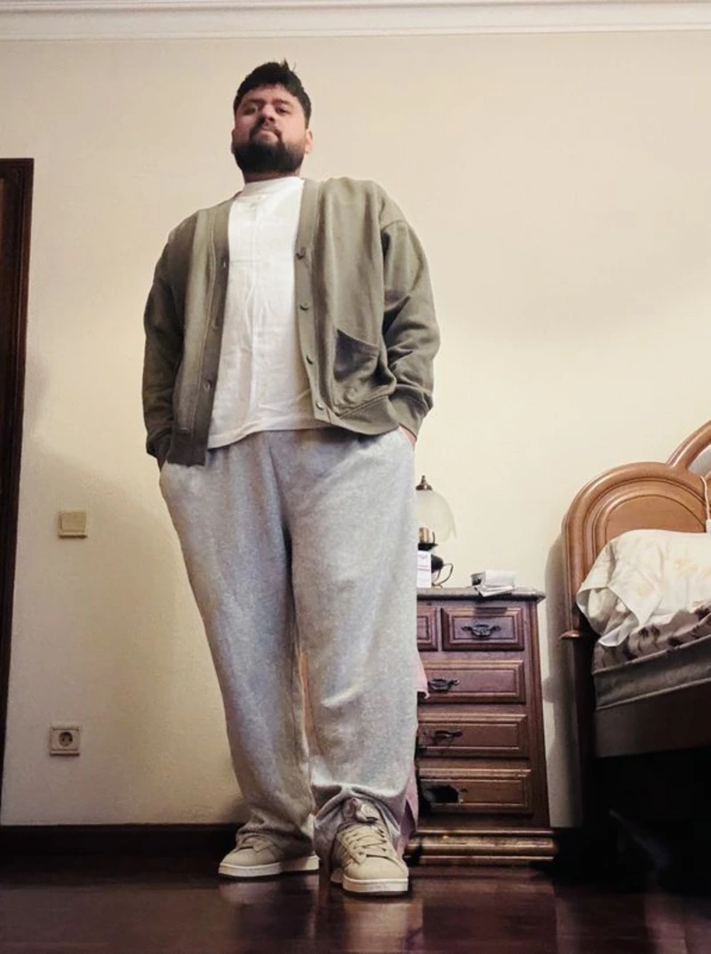 Olive Green Cardigan and Light Gray Sweatpants