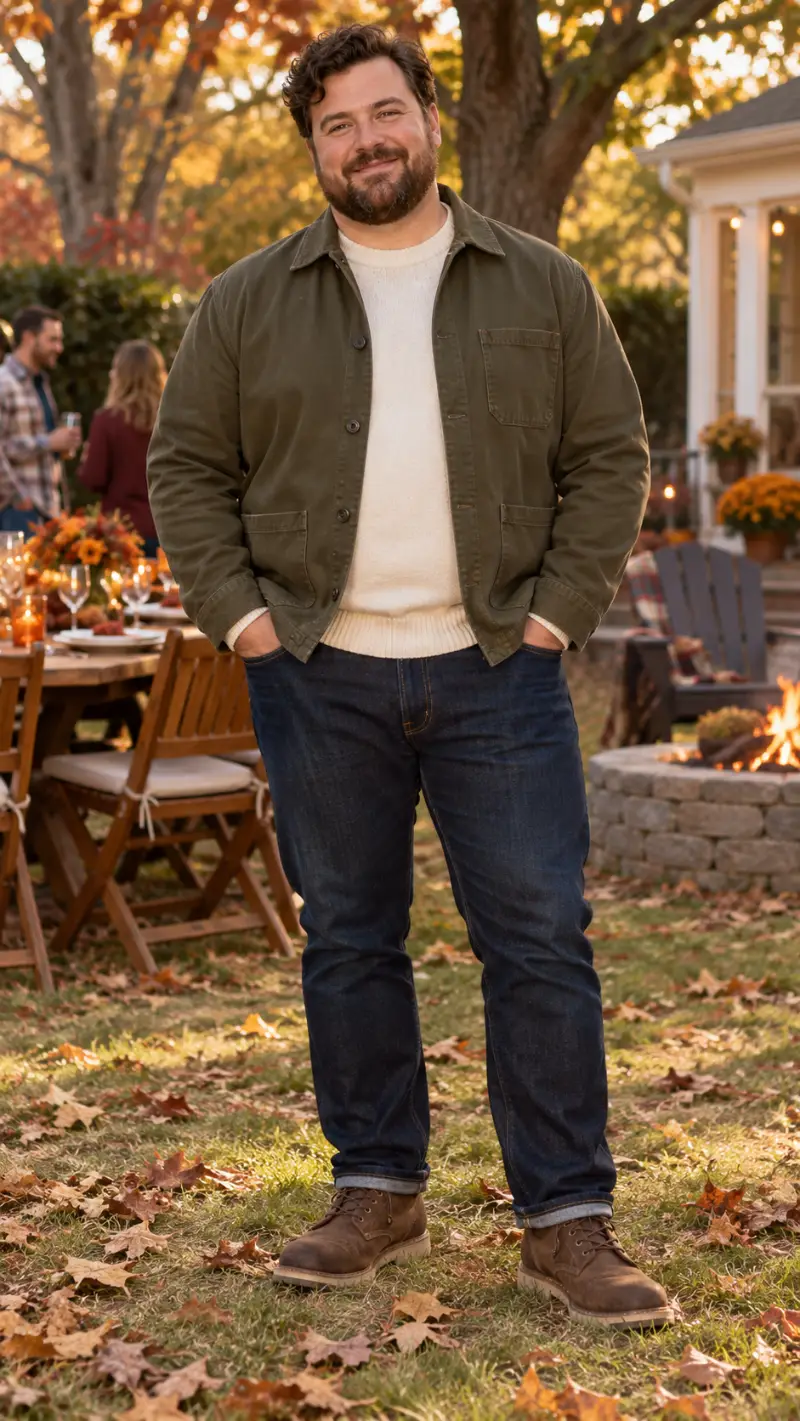 Olive Green Chore Jacket, Cream Crewneck Sweater, Dark Blue Jeans, and Brown Leather Boots