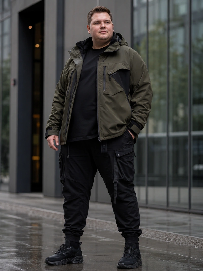 Olive Green Hooded Jacket and Black T-Shirt with Cargo Pants