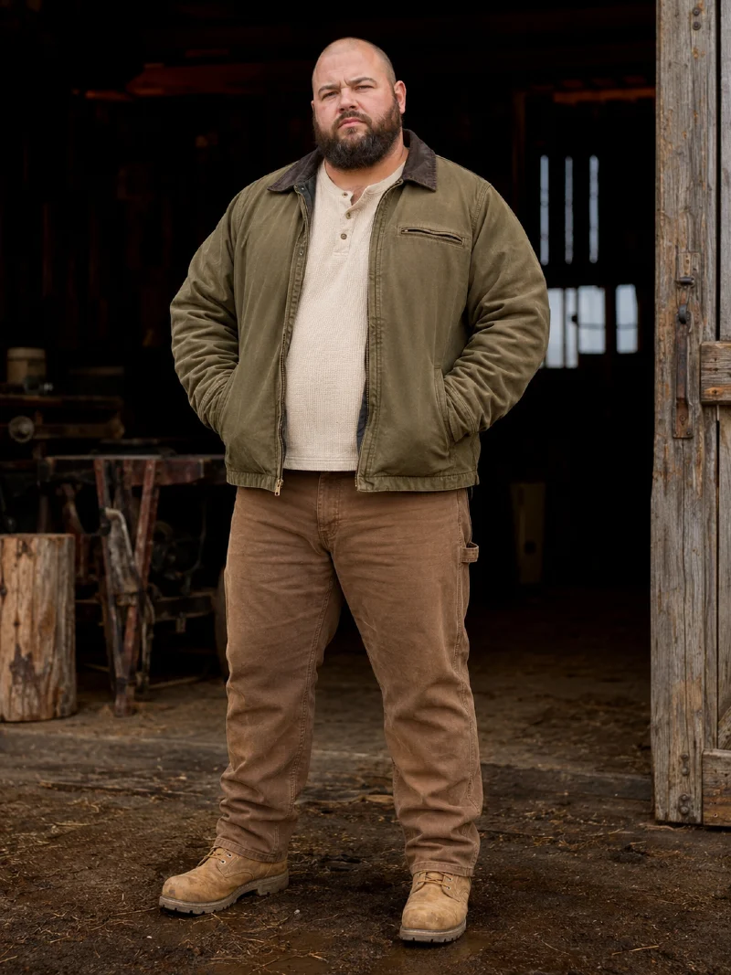 Olive Green Insulated Utility Jacket with Off-White Henley and Brown Canvas Carpenter Pants