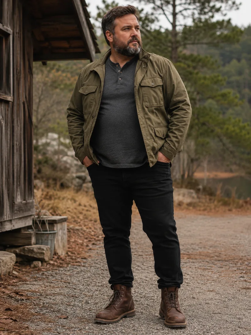 Olive Green Jacket & Dark Henley
