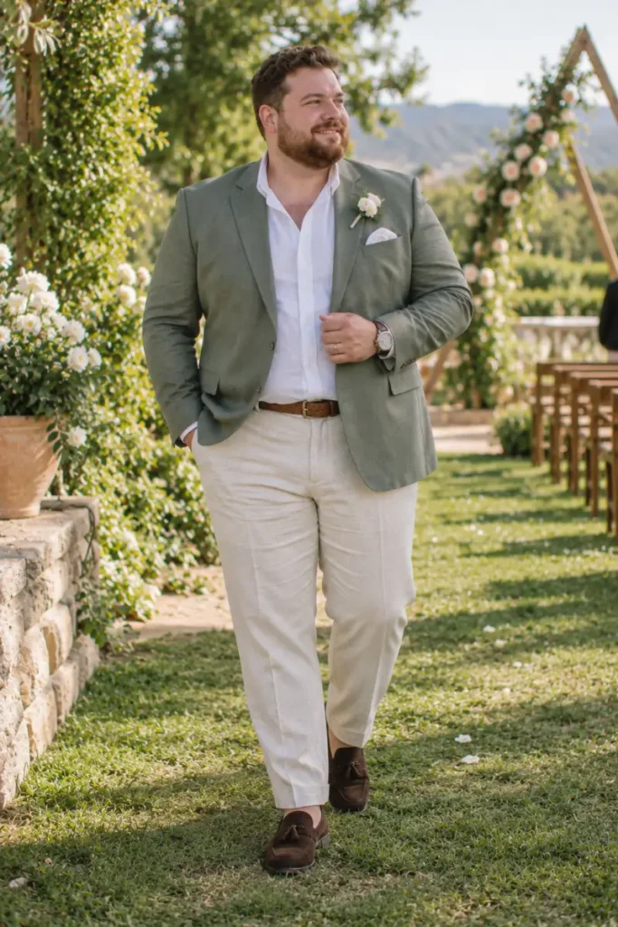 Olive Green Linen Blazer With Suede Loafers